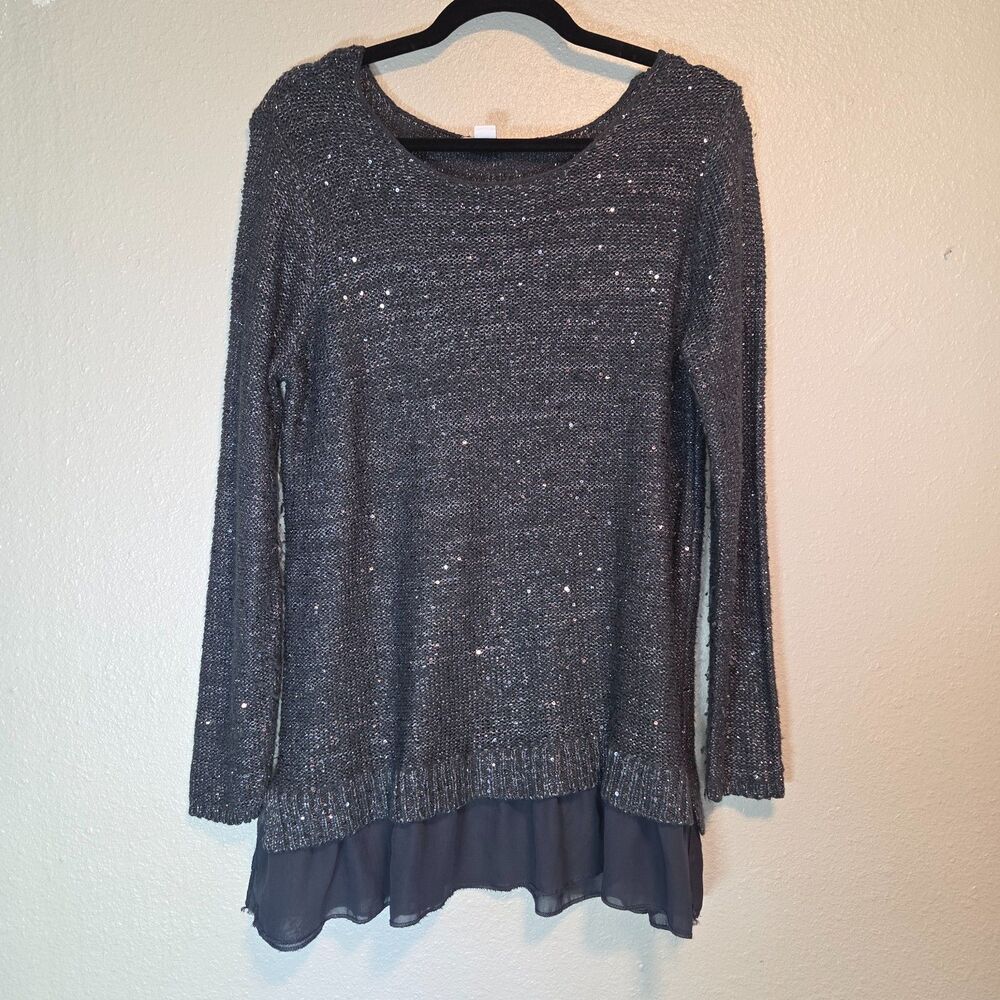 Jaclyn Smith Sequin Knit Tunic Sweater Layered Chiffon Hem Charcoal Gray